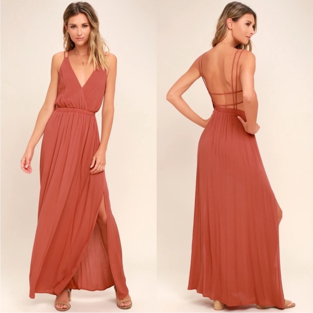 NWT Lulus Lost in Paradise Rusty Rose Maxi Dress S